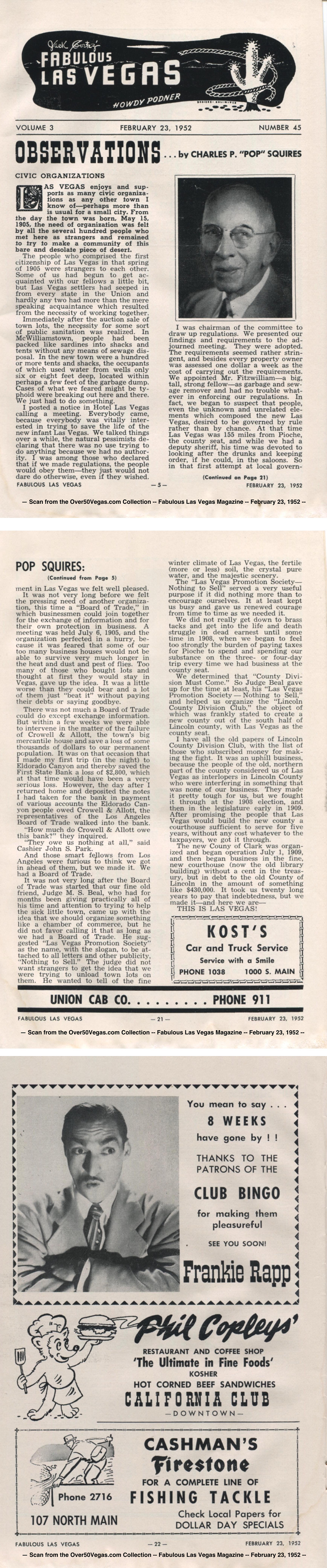 Observations by Pop Squires Fabulous Las Vegas Magazine -- February 23, 1952